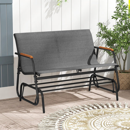 Patio Glider Bench with Curved Teak Armrests and Breathable Fabric Seat for 2 People-Brown