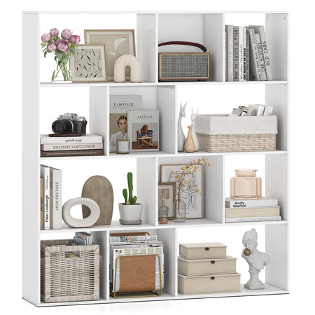 Open Shelf Bookcase 4-Tier Modern Bookshelf with 12 Storage Compartments-White