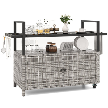 Outdoor Bar Cart Wicker Buffet Serving Cart with Cabinet and 8 Hooks