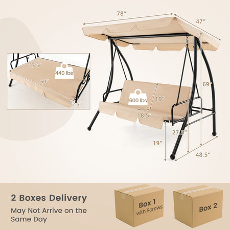 2-Seat Outdoor Convertible Swing Chair with Flat Bed and Adjustable Canopy-Beige