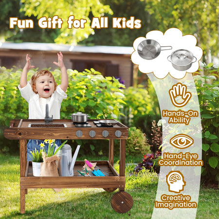 Outdoor Movable Mud Kitchen with 2 Rolling Wheels and 1 Push Handle-Natural