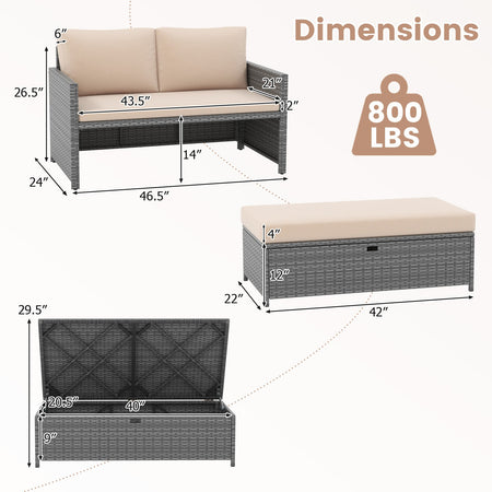 Outdoor Rattan Daybed Wicker Loveseat and 31 Gallon Storage Ottoman-Brown