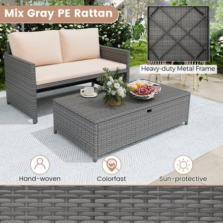 Outdoor Rattan Daybed Wicker Loveseat and 31 Gallon Storage Ottoman-Brown