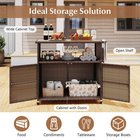Outdoor Storage Cabinet with Acacia Wood Top and Lockable Wheels