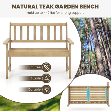 Outdoor Indonesia Teak Wood Garden Bench 2-Person with Backrest and Armrests