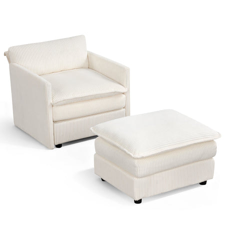 Oversized Accent Chair with Ottoman with Soft Corduroy Cushions-Beige