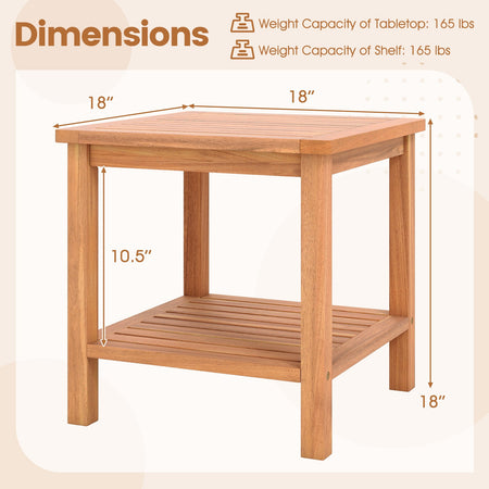 Patio Acacia Wood Side Table with Slatted Tabletop and Storage Shelf