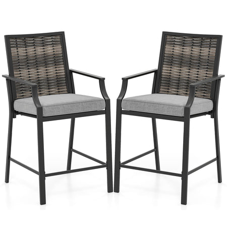 Patio Bar Stools Set of 2 Counter Height Rattan Bar Chairs with Armrest-Grey