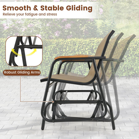 Patio Glider Bench with Curved Teak Armrests and Breathable Fabric Seat for 2 People-Brown