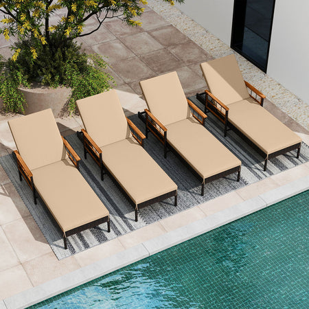 Patio Rattan Chaise Lounge with 4-Level Adjustable Backrest-Beige