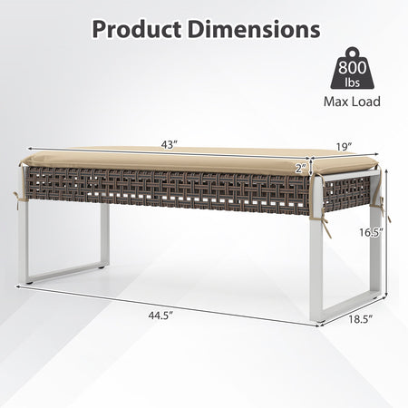 43 Inch Patio Rectangle Ottoman with Metal Legs and Seat Cushion-Beige