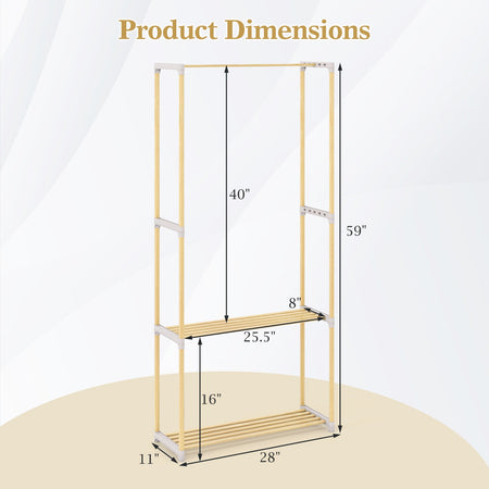 Pine Wood Clothes Rack with 2-Tier Open Storage Shelf for Hanging Clothes-Gray
