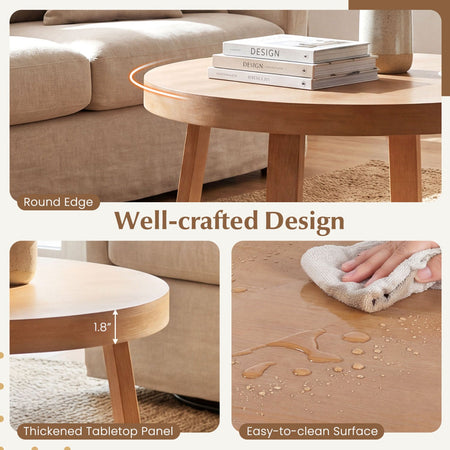 Round Coffee Table for Living Room 30 inch Farmhouse Accent Table with Study Rubber Wood Legs-Yellow