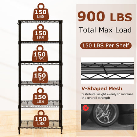 Set of 2 6-Tier Metal Storage Shelving Unit with V-Shaped Wire Rack and 900 LBS Capacity-Black