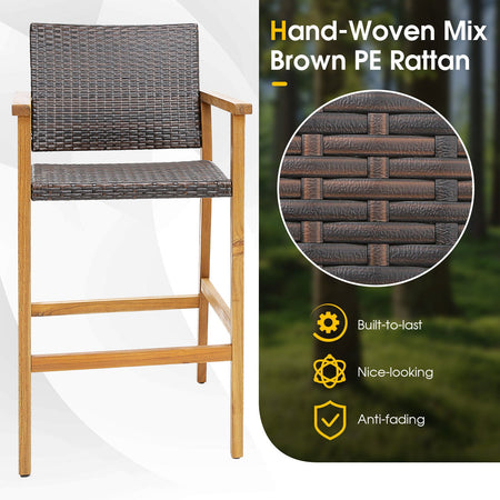 Set of 2 PE Wicker Patio Bar Chairs with Acacia Wood Armrests-Set of 2