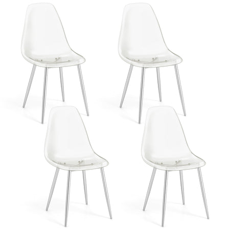 Set of 4 Dining Chairs Modern Plastic Shell Side Chair with Clear Seat and Wood Legs-Silver