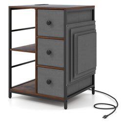 Side Table with Charging Station Industrial Nightstand with Open Shelves-Rustic Brown