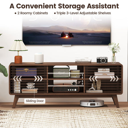 TV Stand for TVs up to 65" with Sliding Doors and Adjustable Shelves for Living Room-Walnut