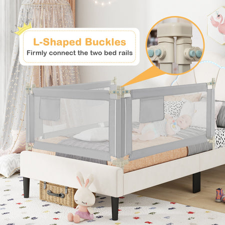 Toddler Bedrail with Side Pocket and 24 Adjustable Heights-Gray