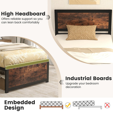 Twin Size Bed Frame Metal with High Headboard and Mute Bars-Twin Size