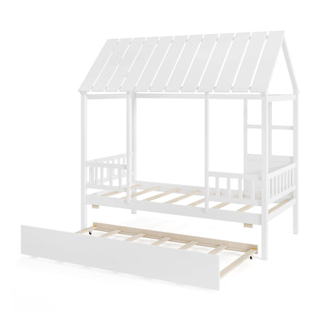 Twin Size House Bed with Trundle Kids Platform Bed with Roof Window-White