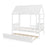 Twin Size House Bed with Trundle Kids Platform Bed with Roof Window-White