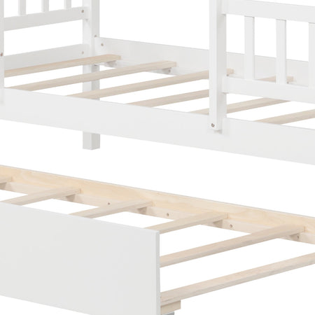 Twin Size House Bed with Trundle Kids Platform Bed with Roof Window-White