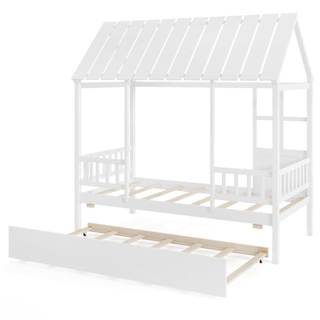 Twin Size House Bed with Trundle Kids Platform Bed with Roof Window-White