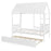 Twin Size House Bed with Trundle Kids Platform Bed with Roof Window-White