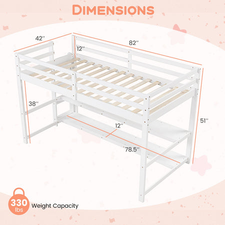 Twin Size Loft Bed with Storage Shelves Full-length Guardrails and Ladder-White