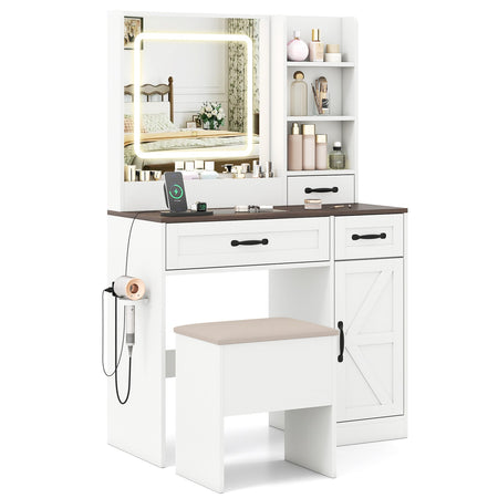 Vanity Desk with Mirror and Lights Farmhouse Makeup Dressing Table-White