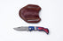 Patriot Series Damascus Folding Knife – Red & Blue Handle with Leather Sheath -TF-097