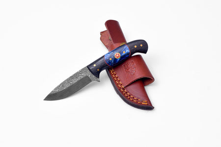 Handmade Damascus Steel Knife with Blue Resin & Wenge Wood Handle - TK-422