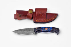 Handmade Damascus Steel Knife with Blue Resin & Wenge Wood Handle - TK-422