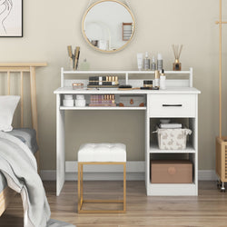 White Desk with Charging Station and Adjustable Shelf for Home Office-White