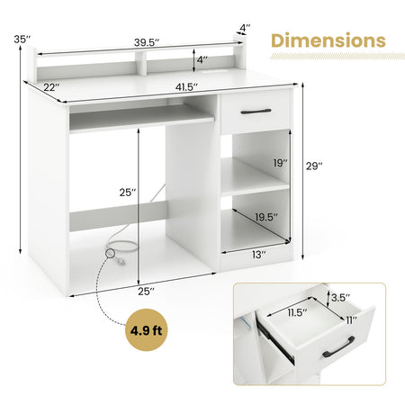 White Desk with Charging Station and Adjustable Shelf for Home Office-White