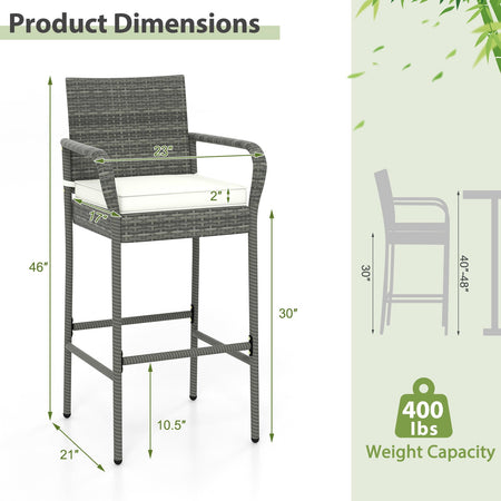 All Weather PE Rattan Bar Chairs Set of 4 with Armrests and Seat Cushions for Porch Backyard