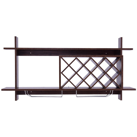 Wall Mount Wine Rack with Glass Holder & Storage Shelf-Walnut