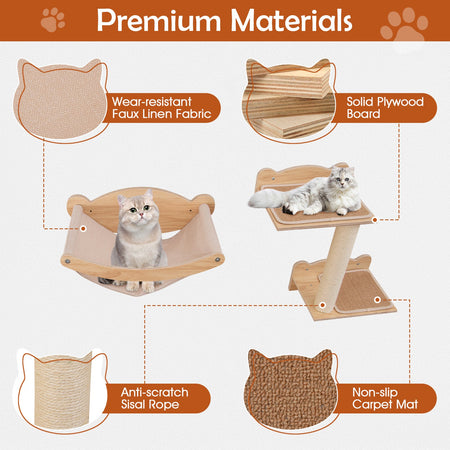 Cat Wall Furniture Set of 4 with Hammock 2-step Cat Tree and Perch-Natural