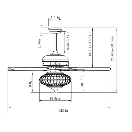 52 Inches Ceiling Fan with Wooden Blades and Remote Control-Silver