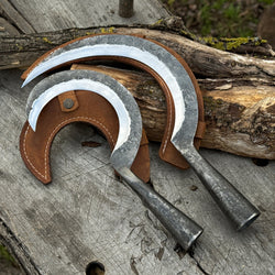 Hand-Forged 2-Piece Garden Sickle Set with Leather Sheaths