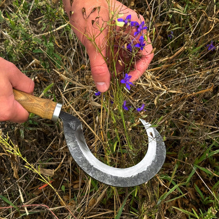 Hand-Forged Small Sickle, 9 cm / 3.54 in Blade with Leather Belt Attachment