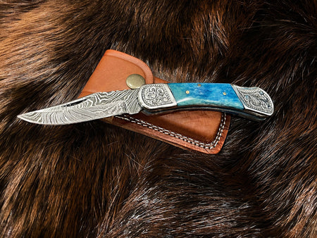 Pocket Knife Dyed Blue Bone 6.5'' Damascus Steel Knife Steel Bolster Back Lock Folding Knife TF-010B