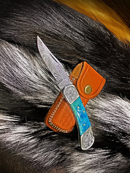 Pocket Knife Dyed Blue Bone 6.5'' Damascus Steel Knife Steel Bolster Back Lock Folding Knife TF-010B