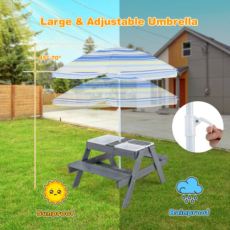 Kids Picnic Table Set with 3 Removable Bins-Gray