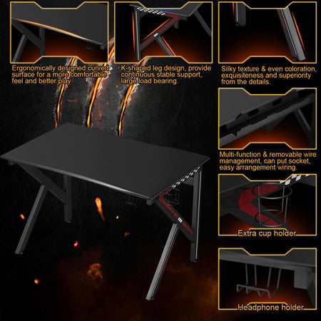 K-Shaped Gaming Desk with Cup Holder Headphone