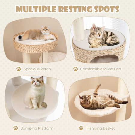 Modern Cat Tree for Indoor Cats with Cattail Fluff Condo and Top Perch-Natural