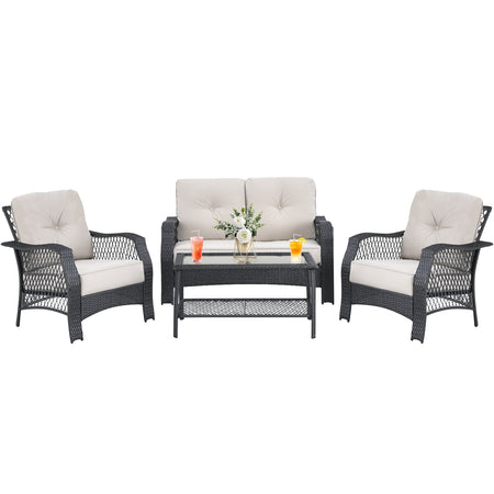 4 Pieces Patio Wicker Furniture Set Loveseat Sofa Coffee Table with Cushion-Beige