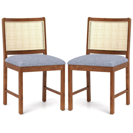 Rattan Dining Chair Set of 2 with Rubber Wood Frame and Linen Fabric Padded Seat-Walnut