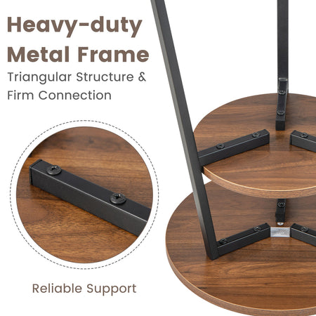 2-Tier Round End Table Set of 2 with Open Shelf and Triangular Metal Frame-Walnut